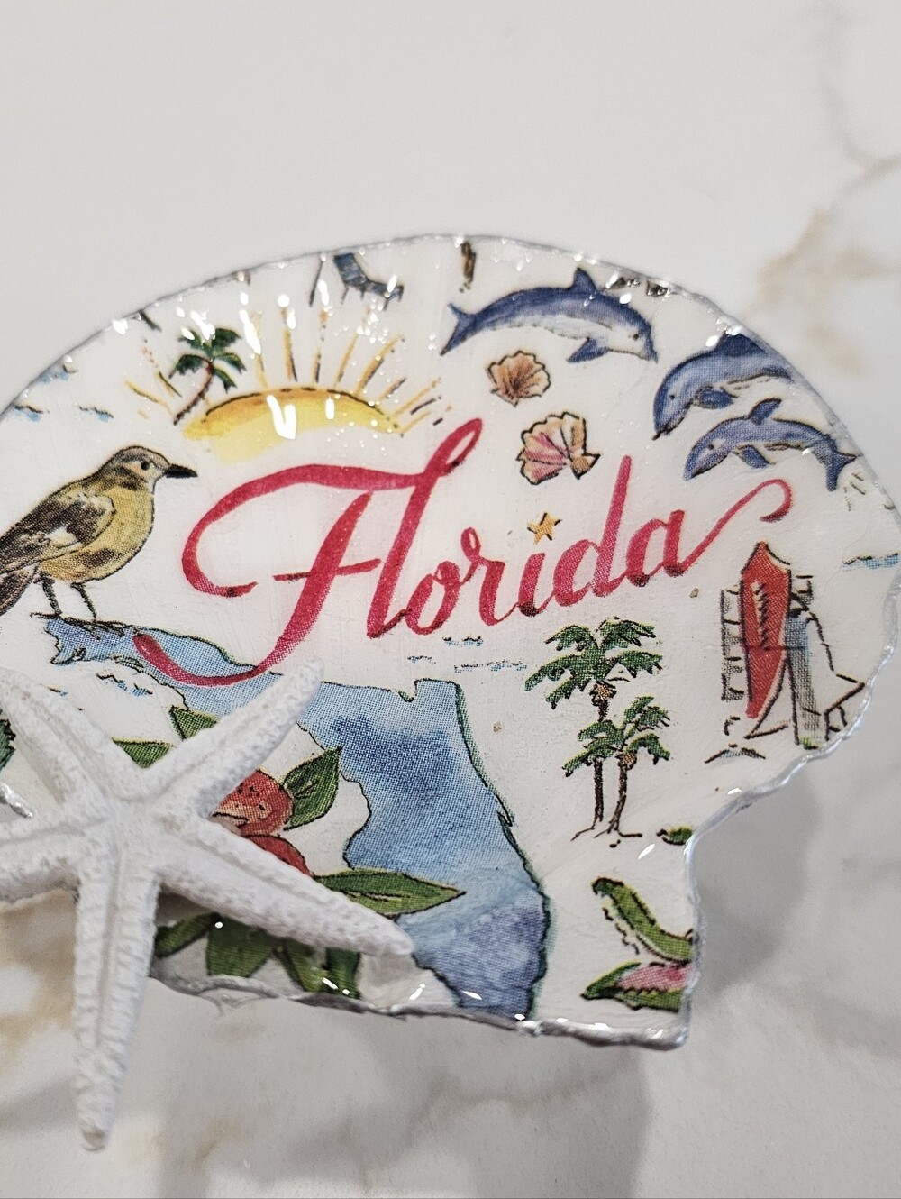 Handmade Florida Themed Decoupage Scallop Shell Trinket Dish w/Stand & Starfish